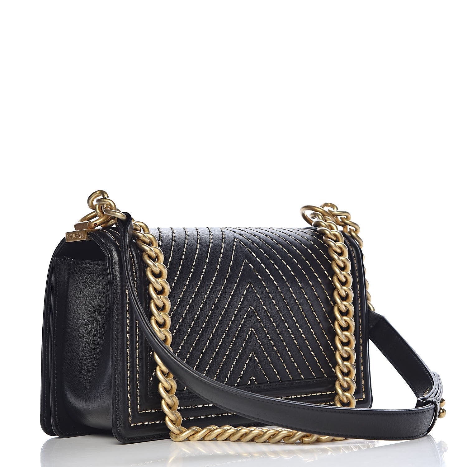 Chanel Calfskin Chevron Quilted Contrast Stitch Medium Boy Flap Black 3 of 13