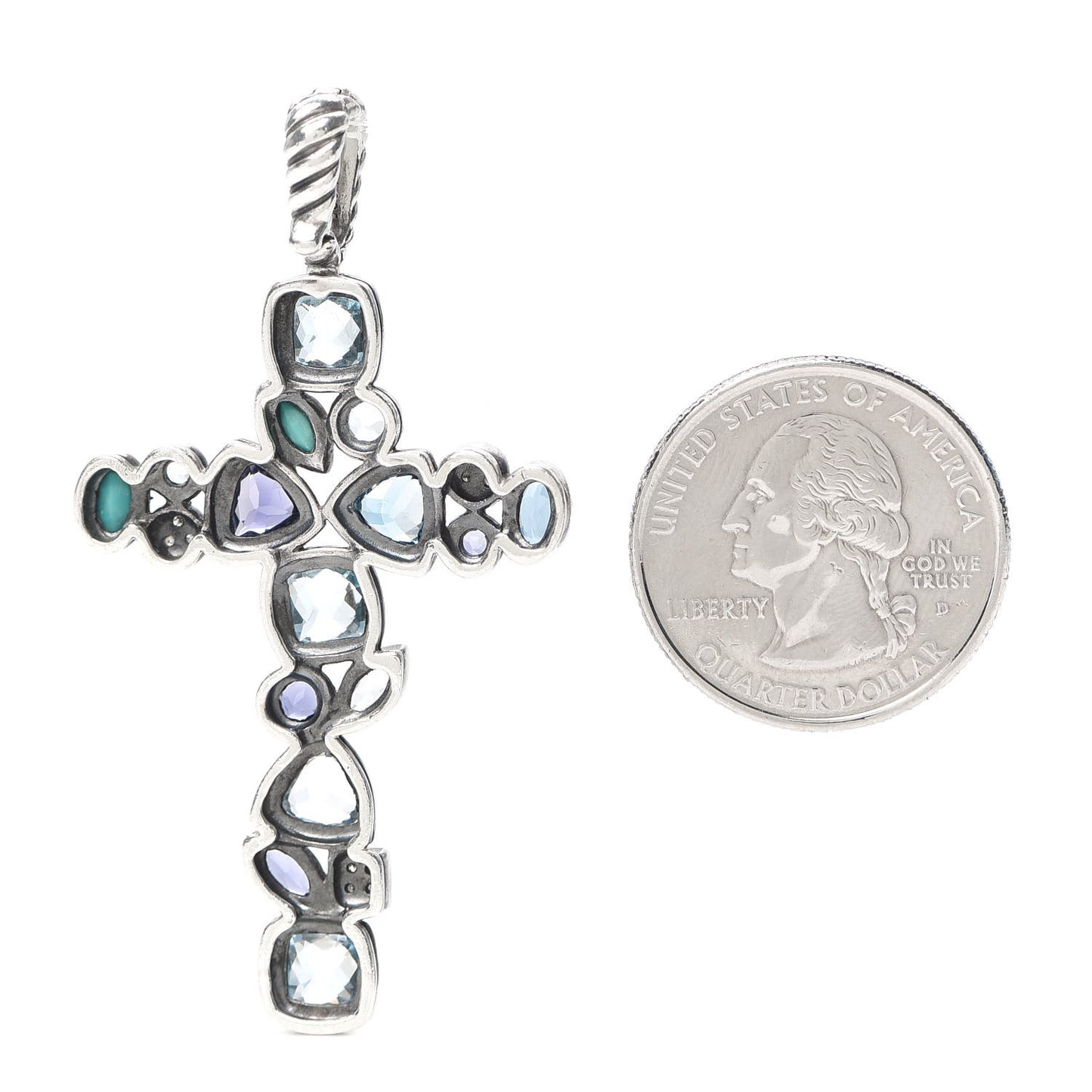 Sterling Silver Diamond Blue Topaz Turquoise Iolite Mosaic Cross Pendant
