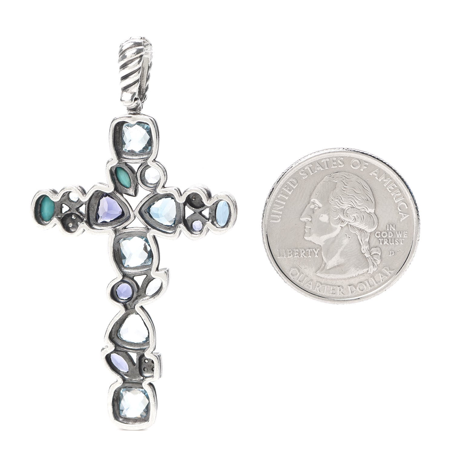 David Yurman Sterling Silver Diamond Blue Topaz Turquoise Iolite Mosaic Cross Pendant 2 of 3