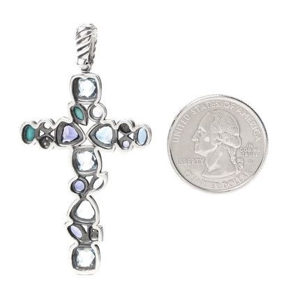 David Yurman Sterling Silver Diamond Blue Topaz Turquoise Iolite Mosaic Cross Pendant 2 of 3