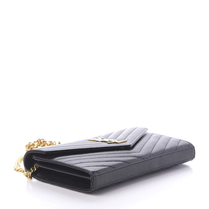 Saint Laurent Grain De Poudre Matelasse Chevron Monogram Chain Wallet Black 4 of 10