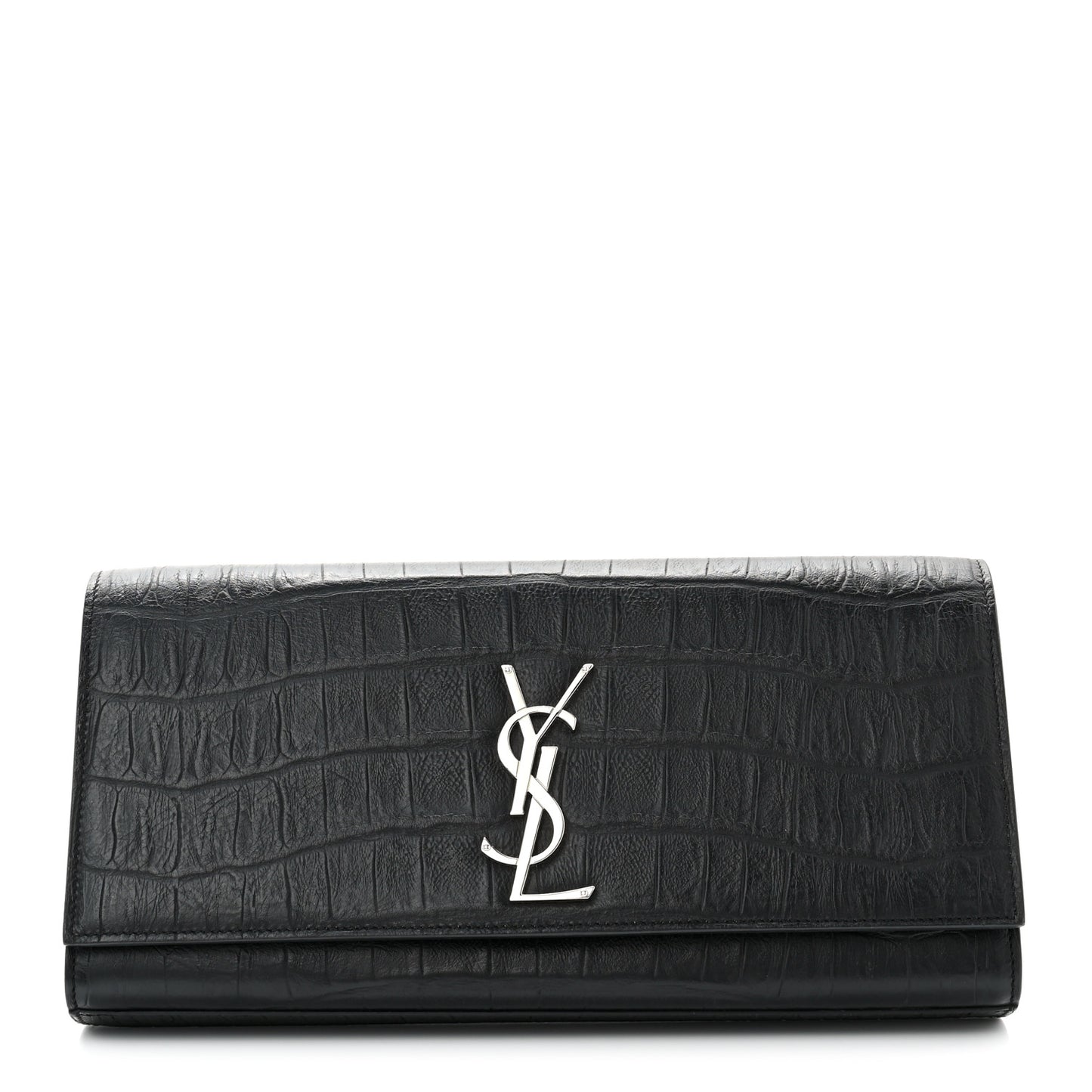 Calfskin Crocodile Embossed Classic Monogram Cassandre Clutch Black
