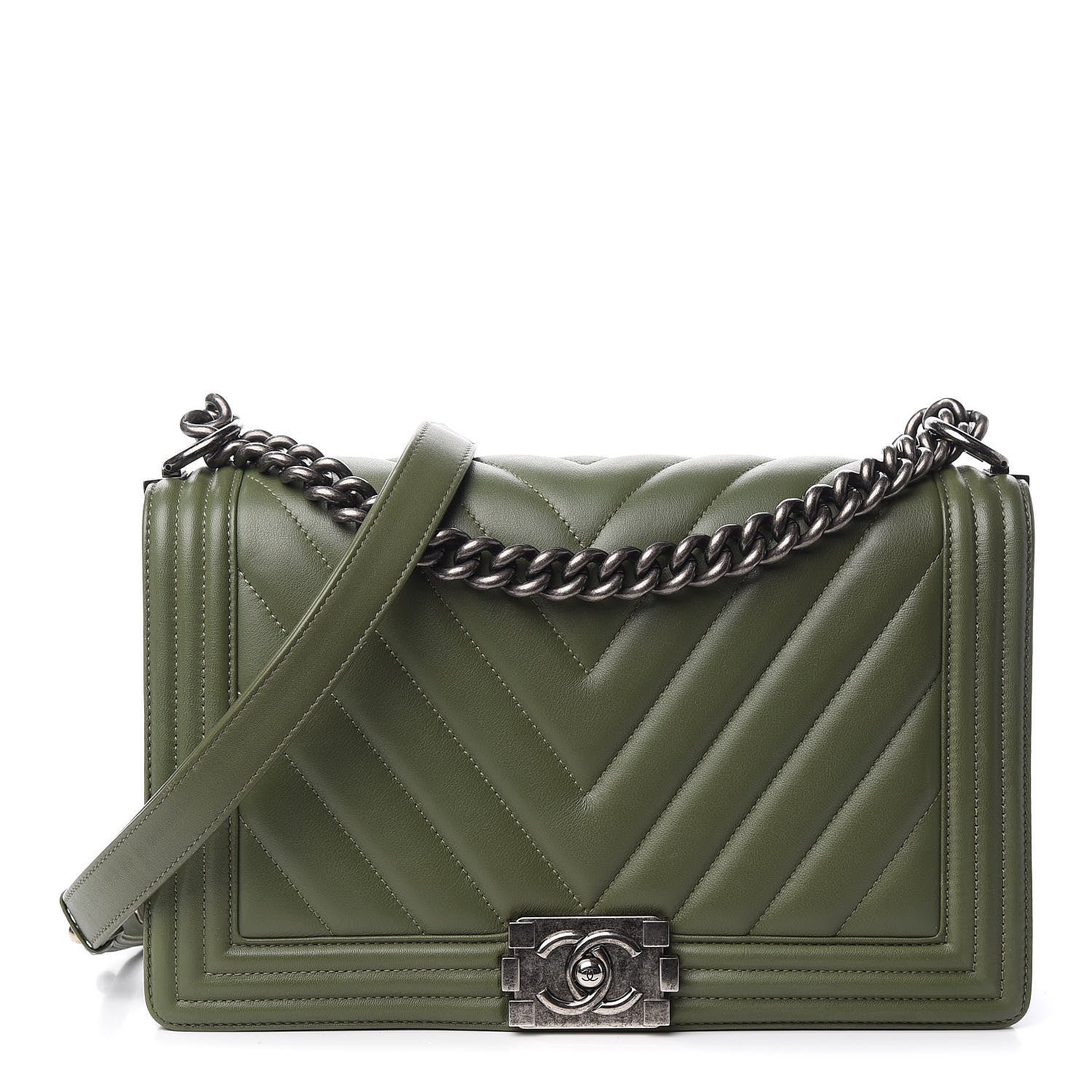 Chanel Calfskin Chevron Quilted New Medium Boy Flap Dark Green 1 of 13