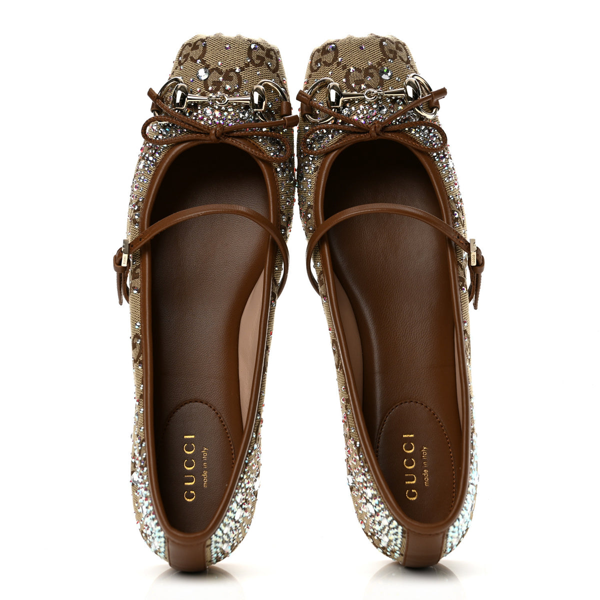 Gucci GG Monogram Crystal Horsebit Bow Ballet Flats 37 Beige Ebony Sundial 2 of 9