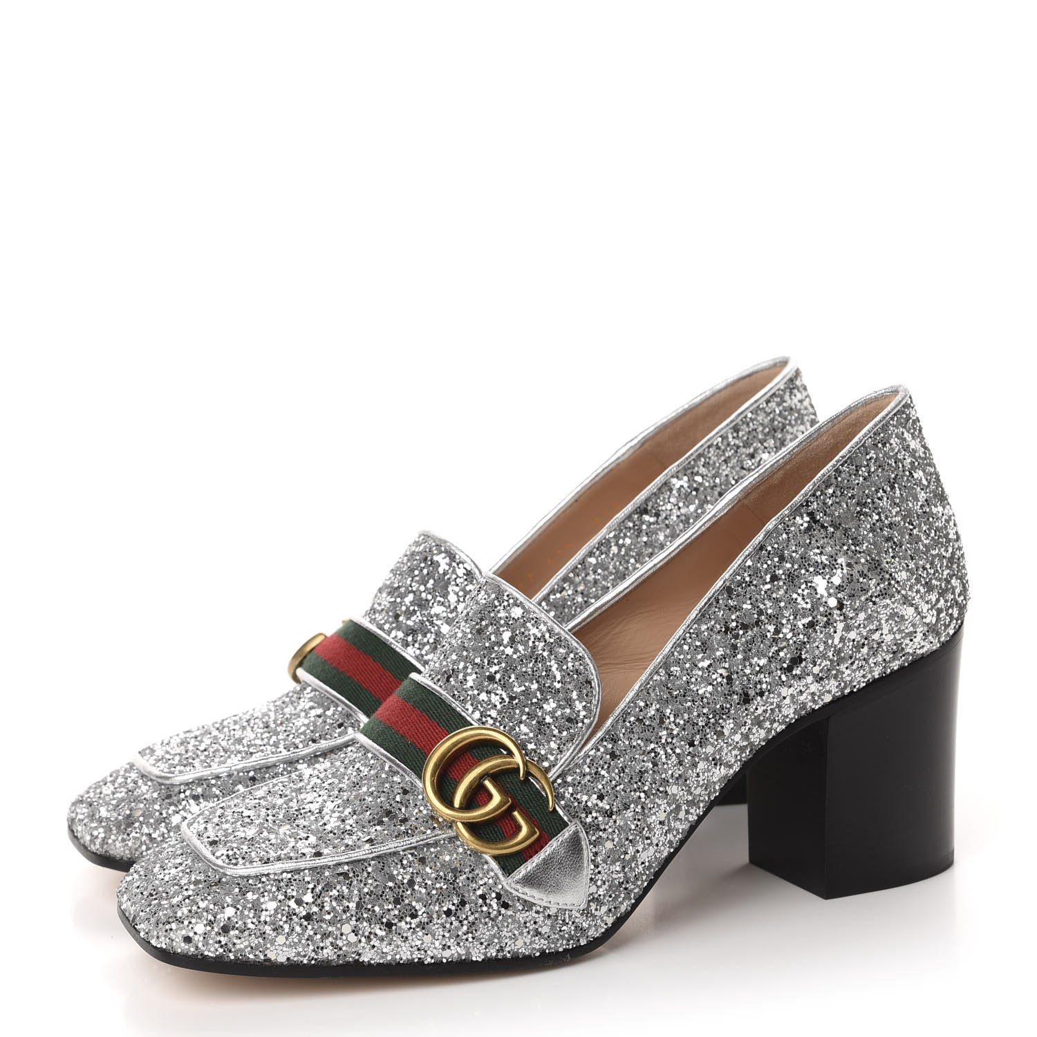 Gucci Glitter Nappa Web Peyton 75mm Loafer Pumps 41.5 Argento 3 of 10