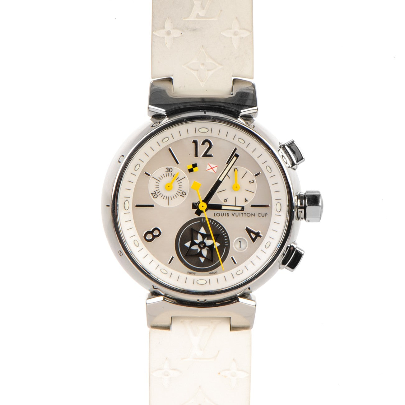 Louis Vuitton Stainless Steel Rubber Mother of Pearl 34mm Tambour Lovely Cup Quartz Watch 1 of 10