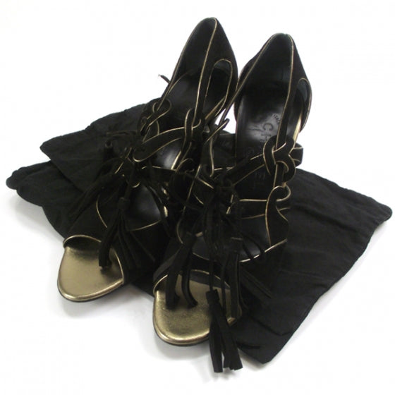 Suede Tassel Pumps Black and Gold 38