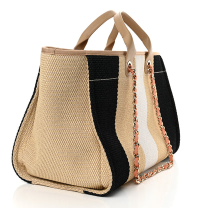 Chanel Straw Raffia Calfskin Striped Medium Deauville Tote Black Beige Ivory 3 of 15