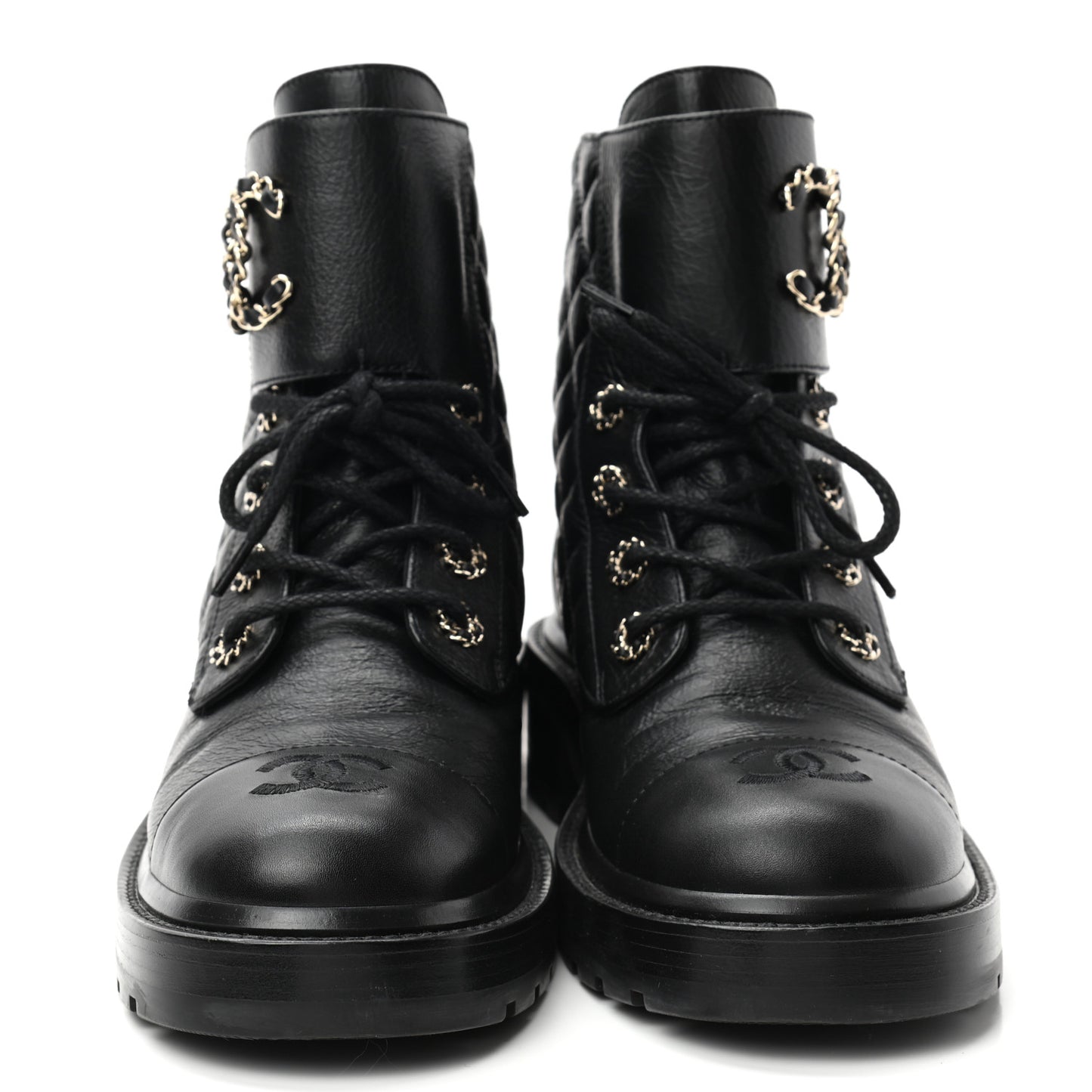 Shiny Goatskin Calfskin Quilted Lace Up Combat Boots 39.5 Black