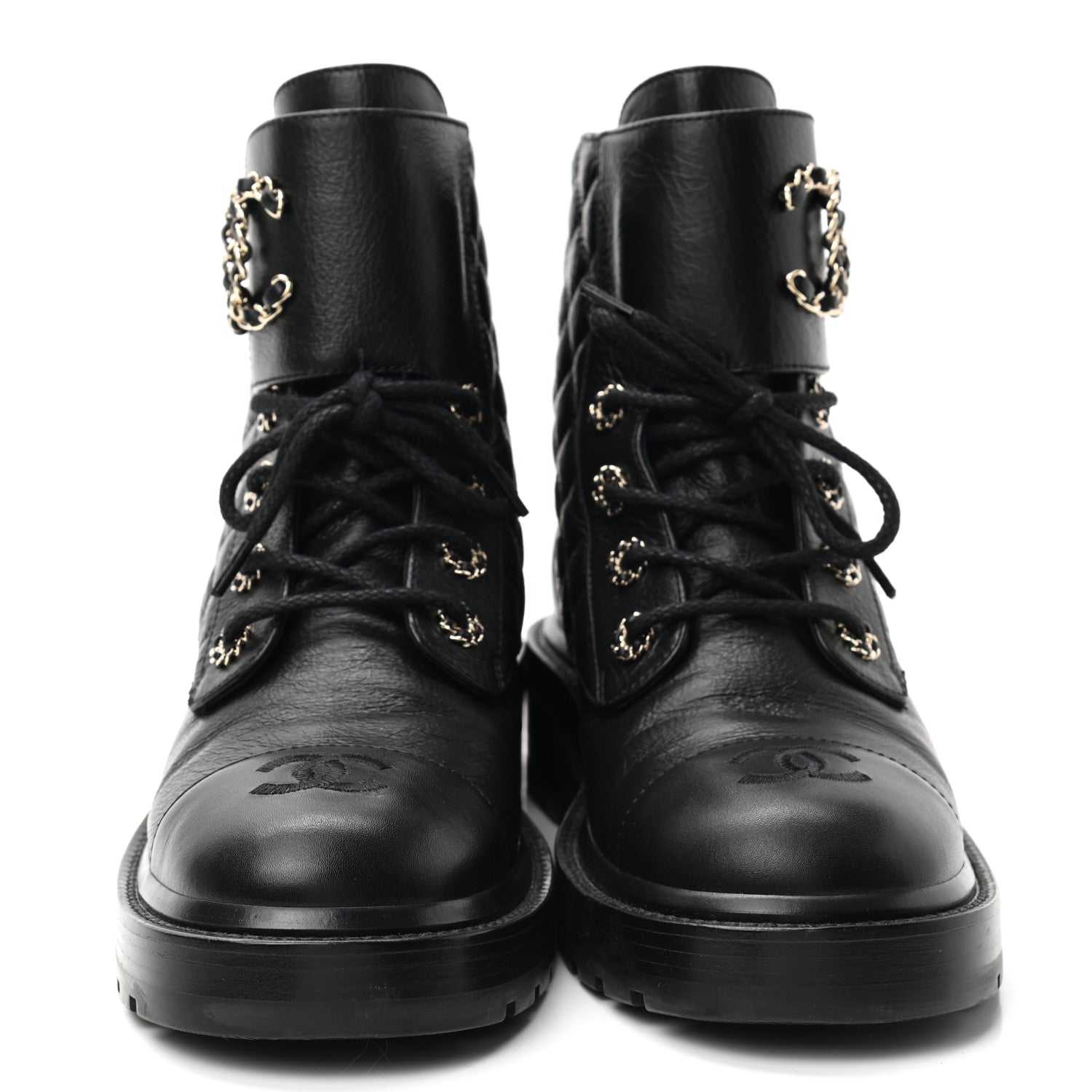 Chanel Shiny Goatskin Calfskin Quilted Lace Up Combat Boots 39.5 Black 2 of 8