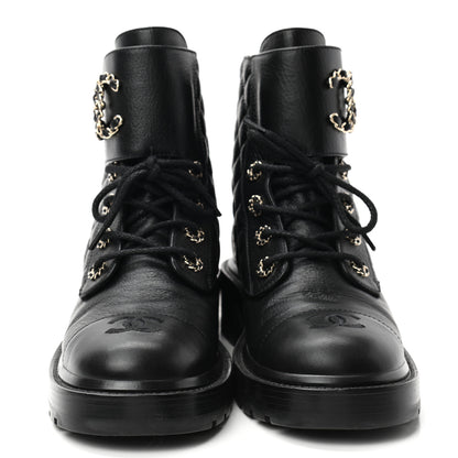 Chanel Shiny Goatskin Calfskin Quilted Lace Up Combat Boots 39.5 Black 2 of 8