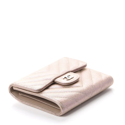 Chanel Metallic Caviar Chevron Quilted Compact Flap Wallet Light Gold 4 of 9