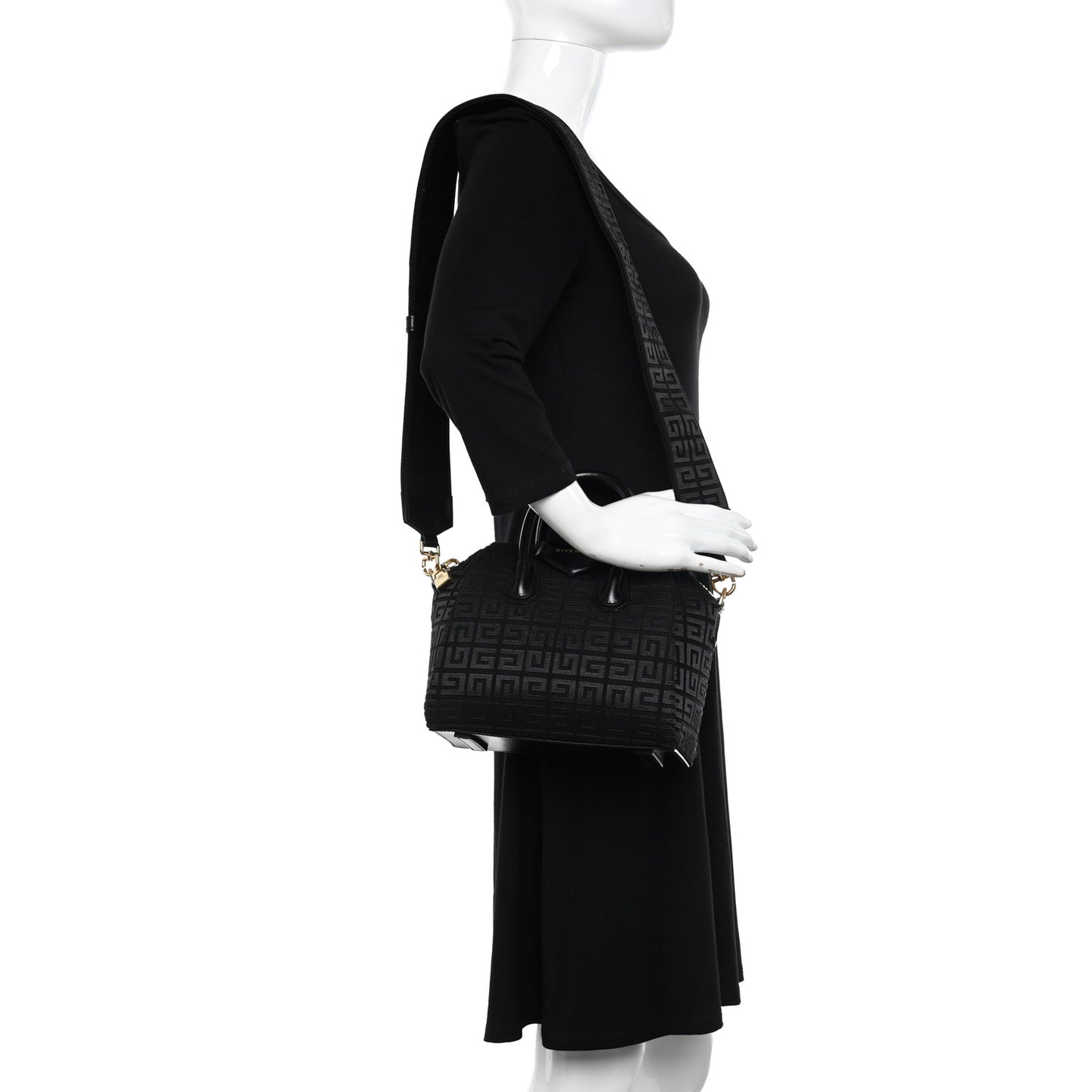 Canvas Jacquard Embroidered Calfskin 4G Mini Antigona Black