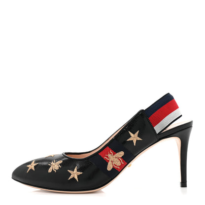 Gucci Malaga Kid Web Bee Star Embroidered Sylvie High Heel Slingback Pumps 39 Black 1 of 9