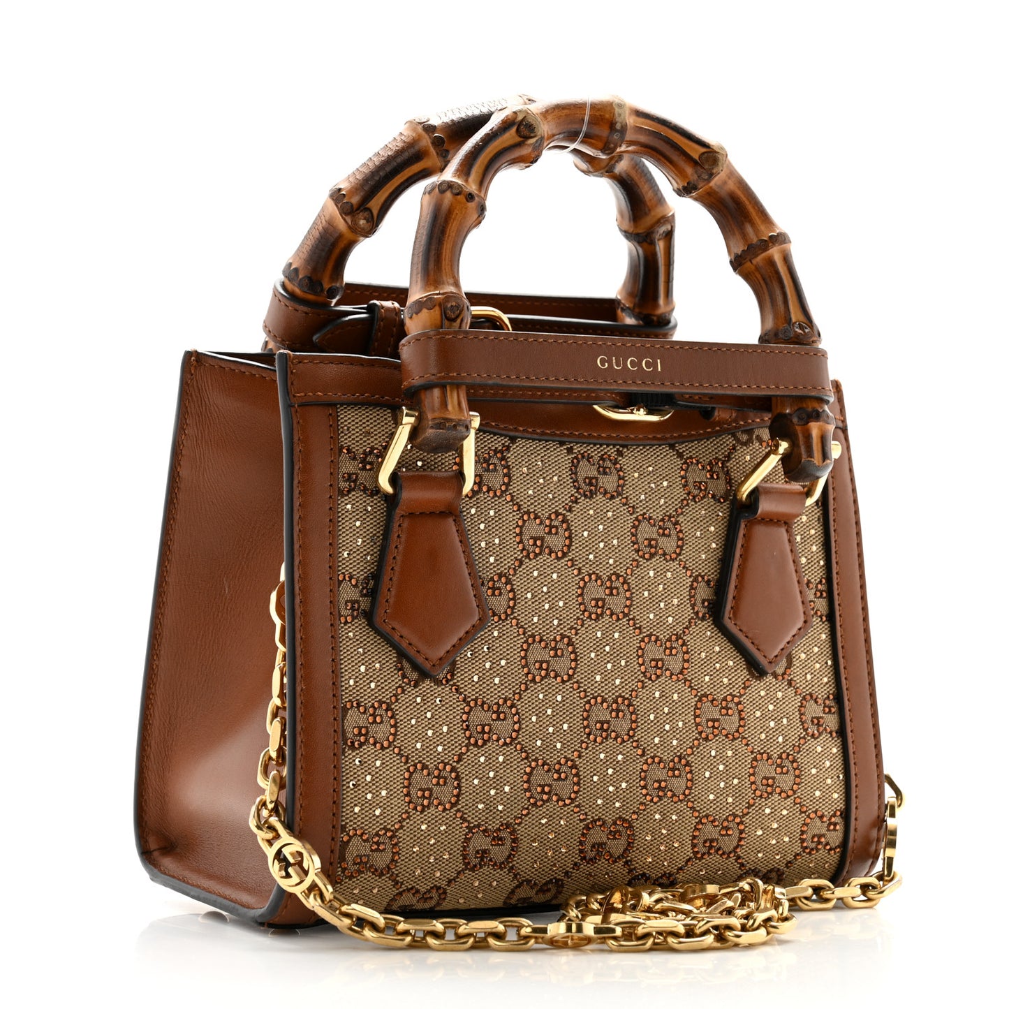 New Canvas Charisma Calfskin Crystal GG Monogram Mini Diana Tote Bag Camel Ebony