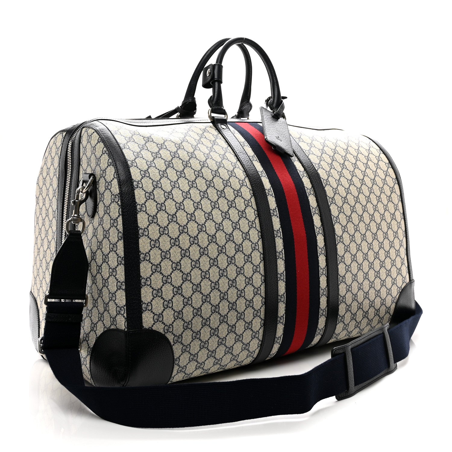 Gucci GG Supreme Monogram Textured Dollar Calfskin Web Large Savoy Duffle Bag Beige Blue 2 of 8