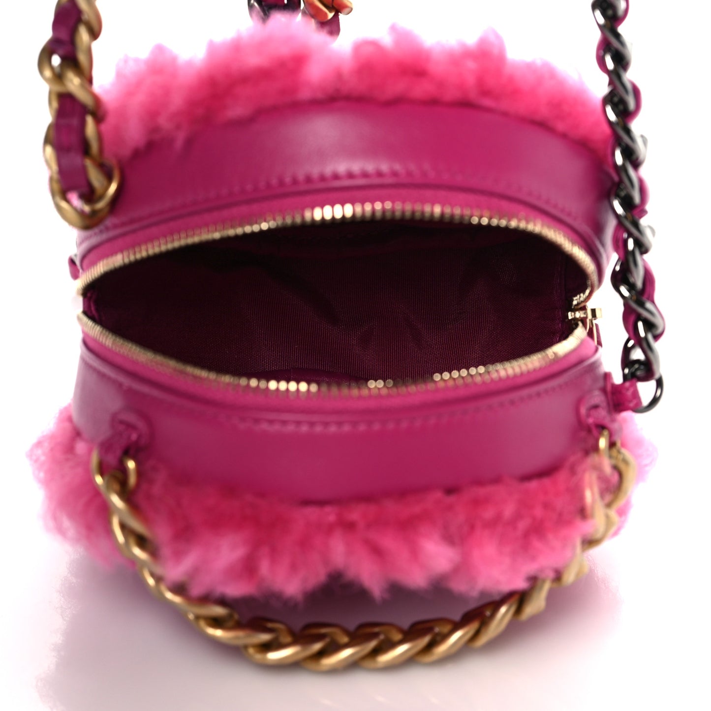 Shearling Sheepskin Chanel 19 Round Clutch With Chain Dark Pink