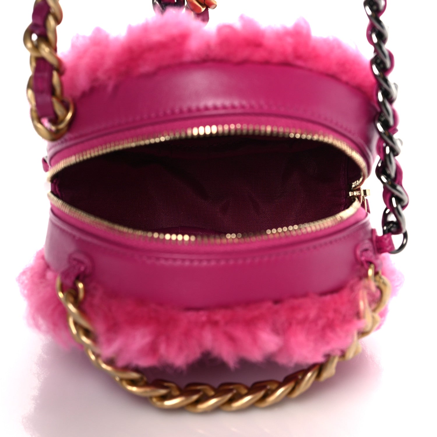 Chanel Shearling Sheepskin Chanel 19 Round Clutch With Chain Dark Pink 5 of 10