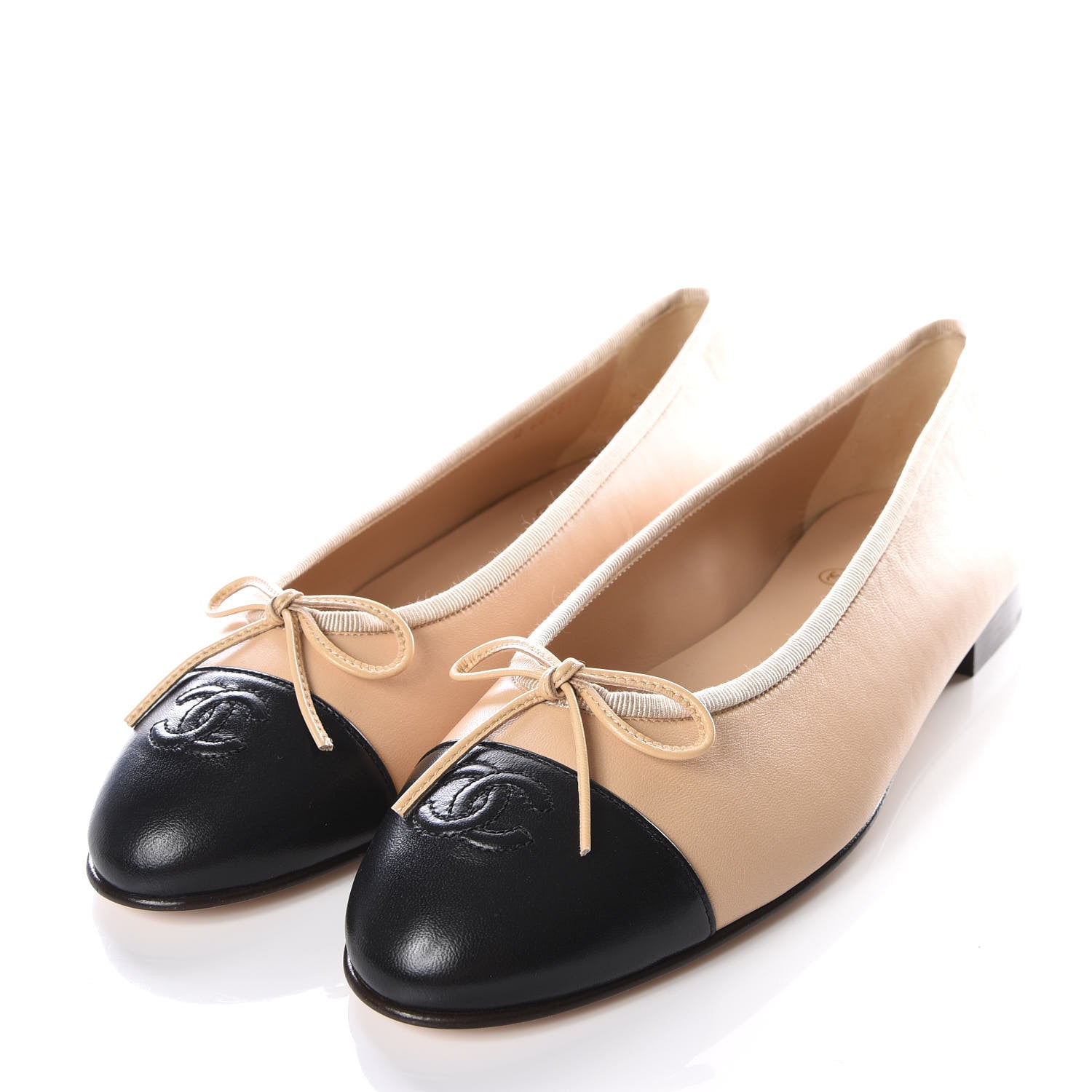 Chanel Lambskin Cap Toe CC Ballerina Flats 40 Beige Black 2 of 9