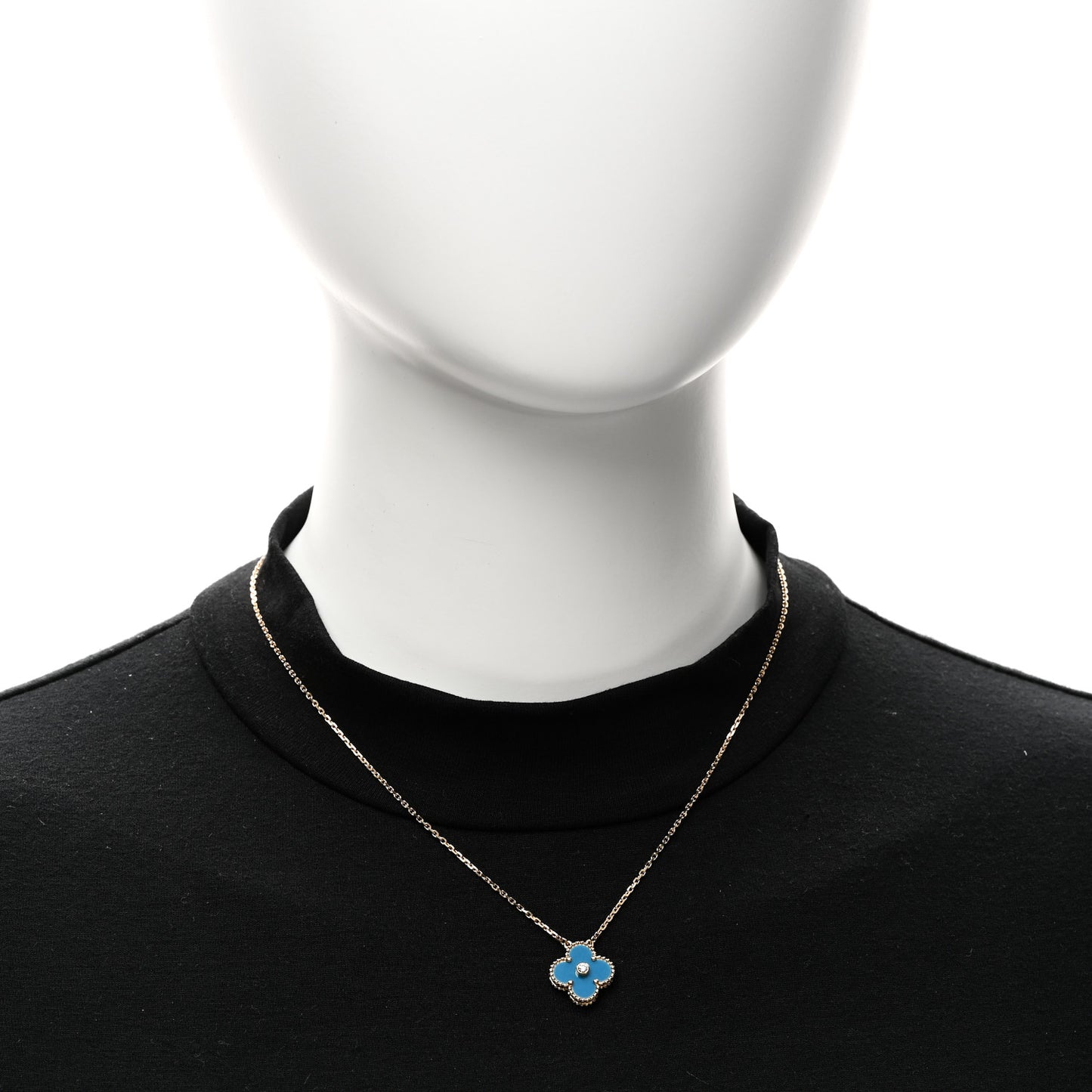 18K Yellow Gold Diamond Celestial Blue Sevres Porcelain Vintage Alhambra Pendant Necklace