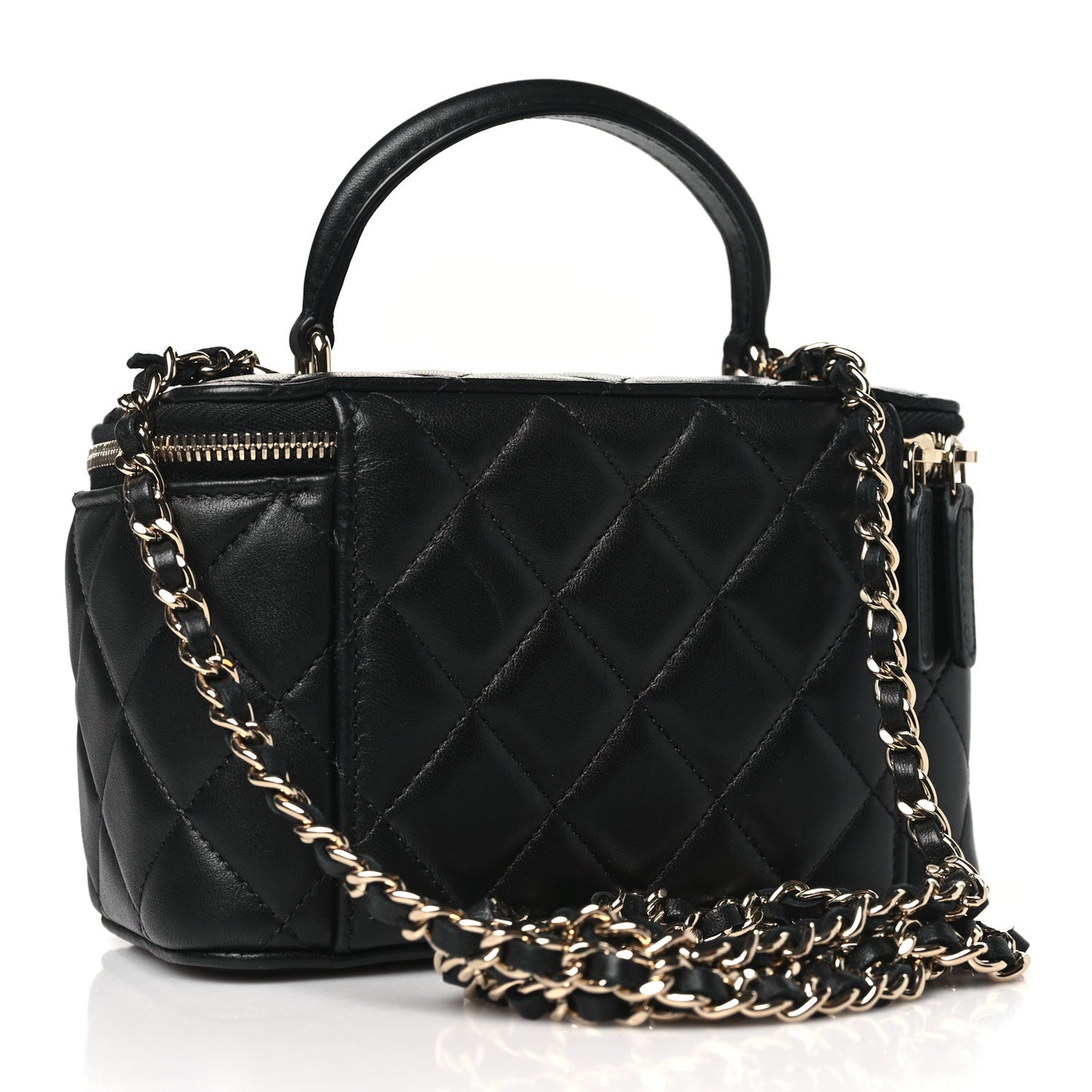 Lambskin Quilted Small Top Handle Vanity Case With Chain Black