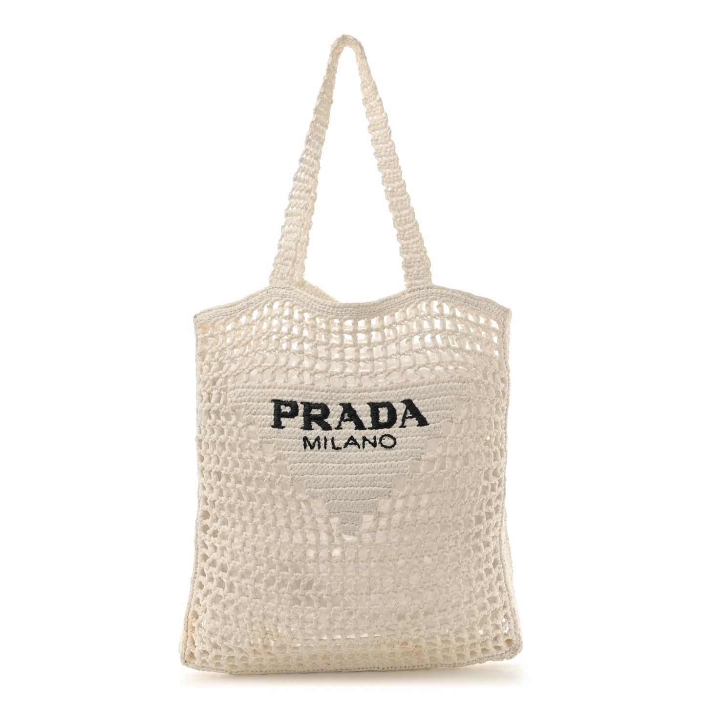 Yarn Raffia Effect Crochet Logo Embroidered Tote Bag White