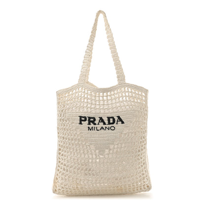 Prada Yarn Raffia Effect Crochet Logo Embroidered Tote Bag White 1 of 12