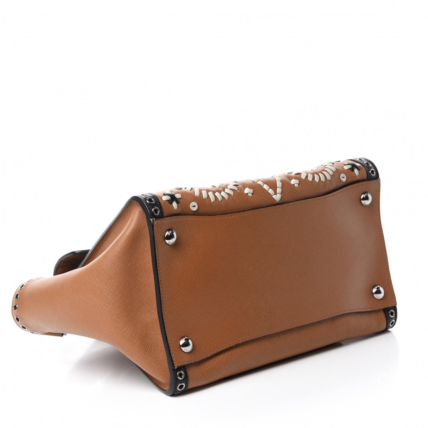 Saffiano Embroidered Sound Twin Pocket Satchel Caramel