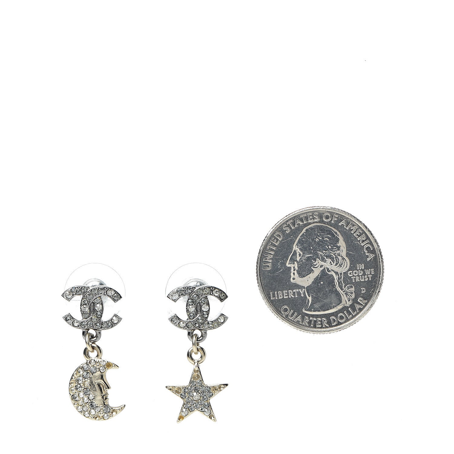 Chanel Ruthenium Crystal CC Star Moon Earrings Grey Gold 2 of 8