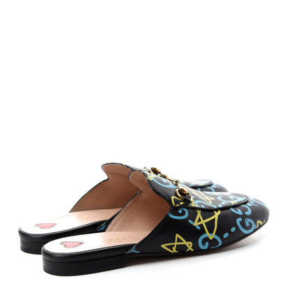 Gucci Calfskin GucciGhost Print Womens Princetown Slippers 38.5 Black New Acquamarine 4 of 10