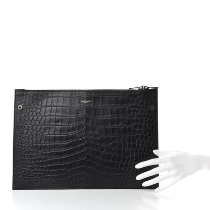 Saint Laurent Calfskin Crocodile Embossed Large Sac De Jour Carryall Pouch Black 2 of 8