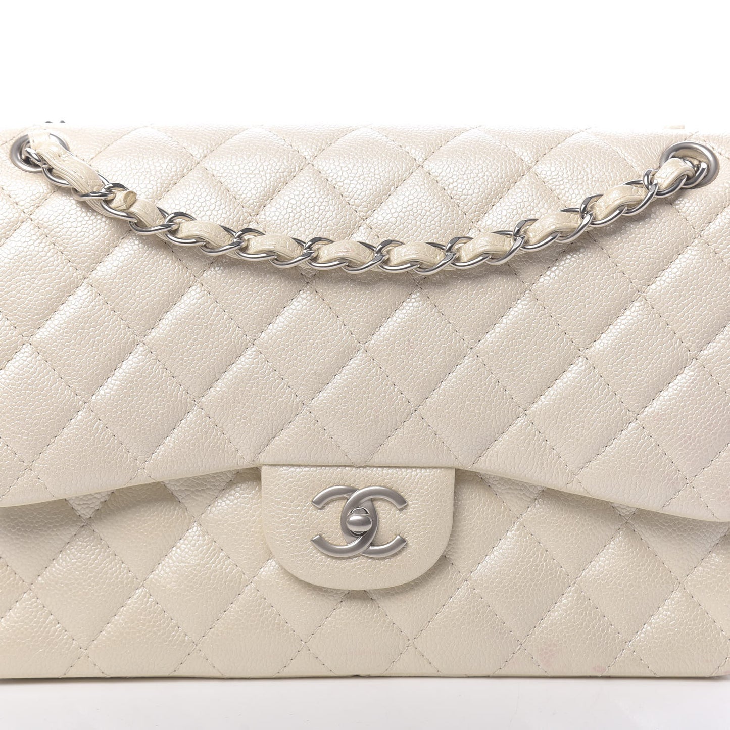 Pearly Caviar Quilted Jumbo Double Flap Dark White
