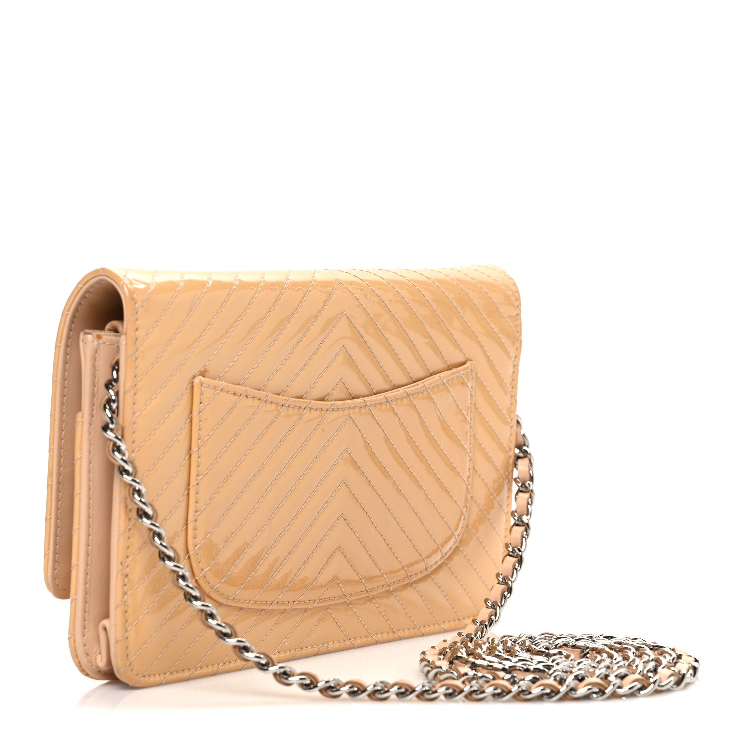 Chanel Patent Calfskin Chevron Quilted Wallet On Chain WOC Beige 3 of 12