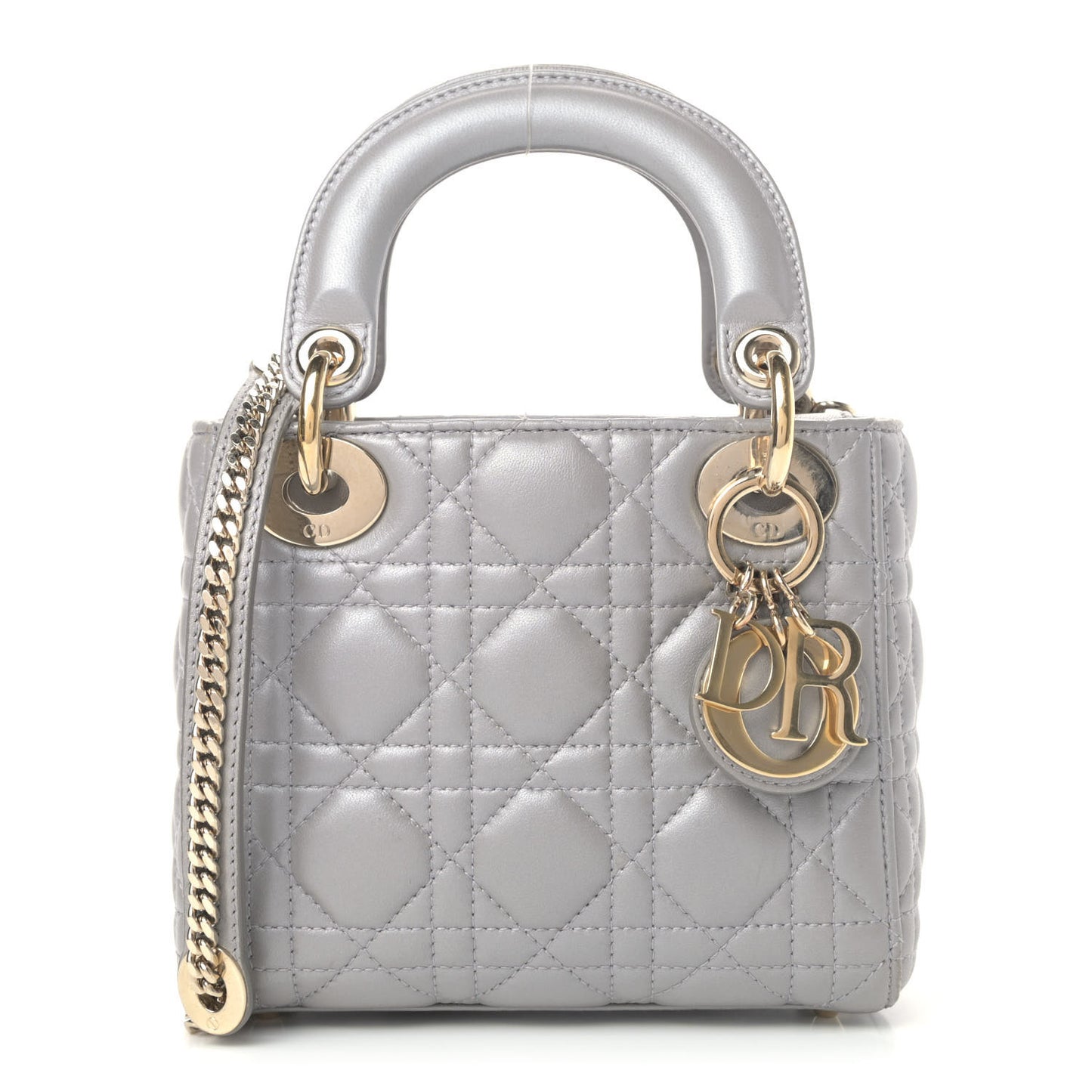 Metallic Lambskin Cannage Mini Lady Dior Grey