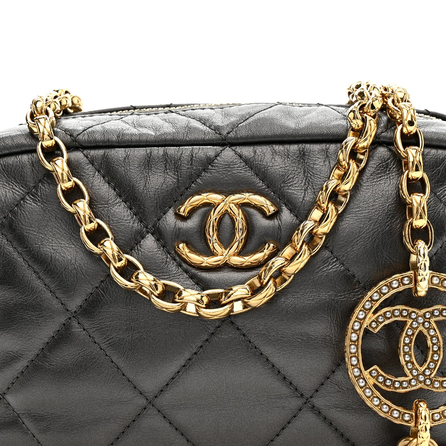 Metallic Calfskin Pearl Quilted CC Mini Camera Case Ruthenium