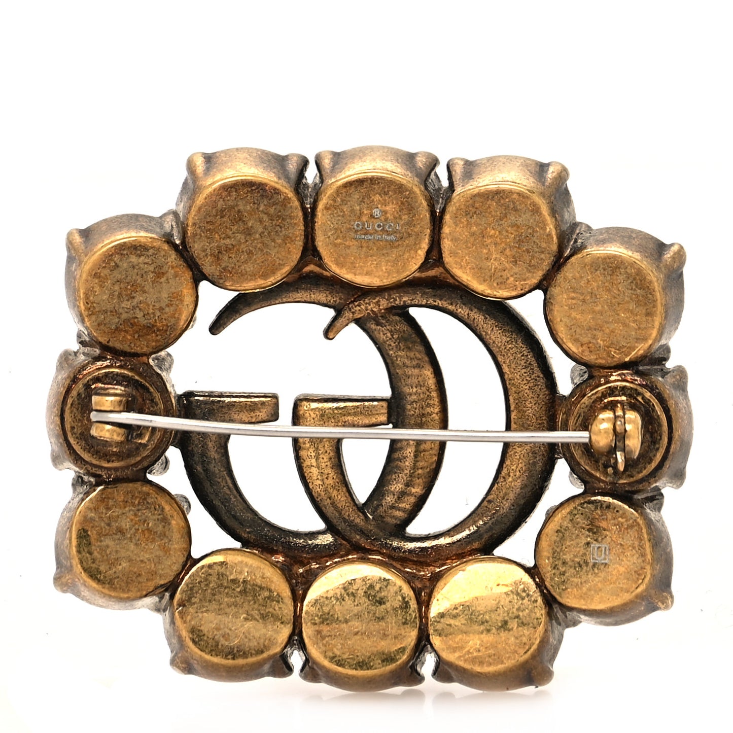 Metal Crystal Double G Brooch Aged Gold