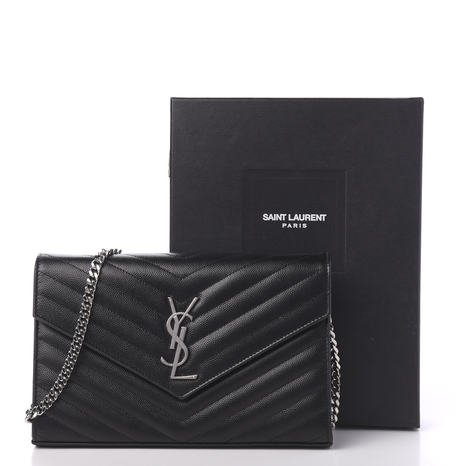 Saint Laurent Grain De Poudre Matelasse Chevron Monogram Chain Wallet Black 11 of 11