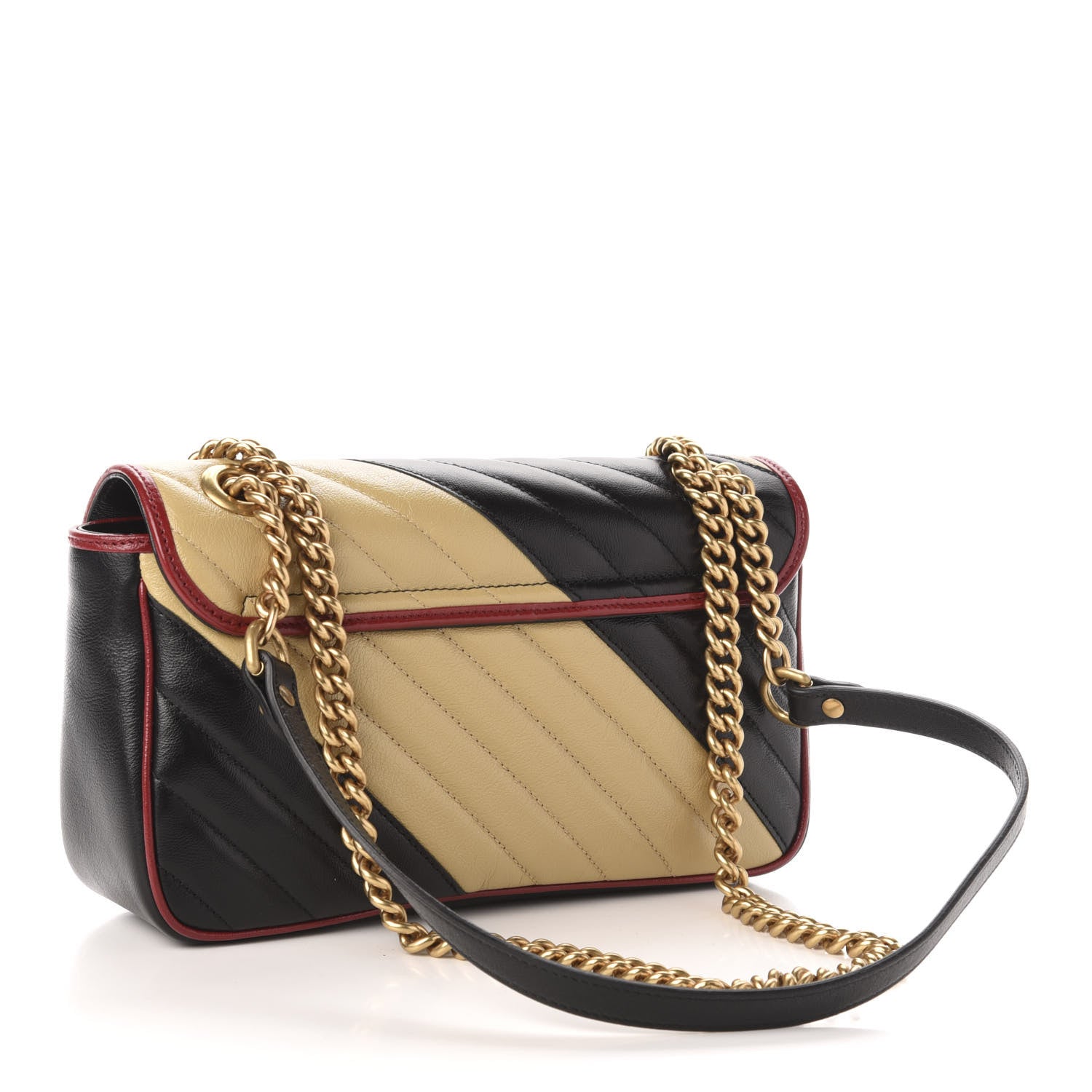 Gucci Vintage Effect Calfskin Matelasse Diagonal Striped Small Torchon GG Marmont Shoulder Bag Black Beige 3 of 16