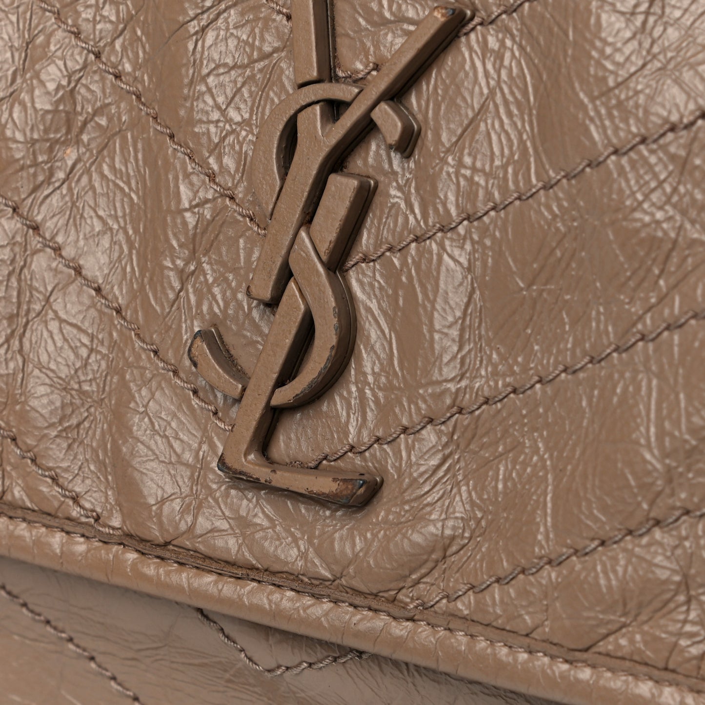 Crinkled Calfskin Matelasse Monogram Medium Niki Chain Satchel Light Taupe
