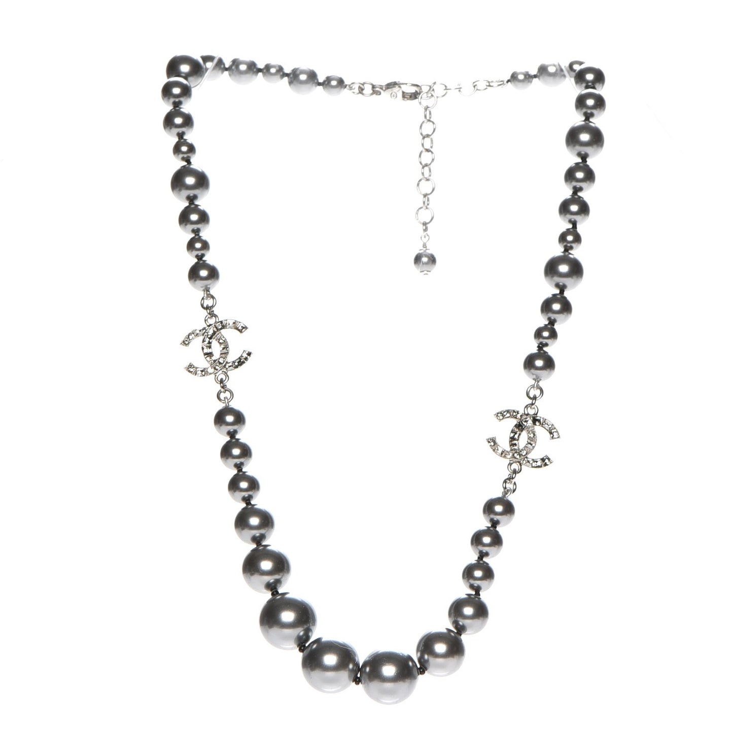 Crystal Baguette Graduated Pearl CC Short Necklace Silver Grey