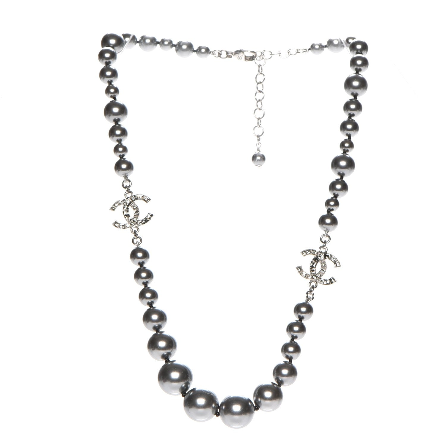 Chanel Crystal Baguette Graduated Pearl CC Short Necklace Silver Grey 1 of 6