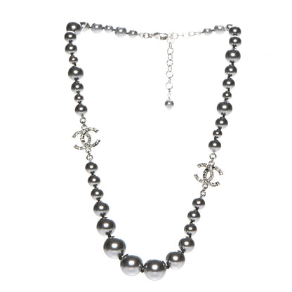 Chanel Crystal Baguette Graduated Pearl CC Short Necklace Silver Grey 1 of 6