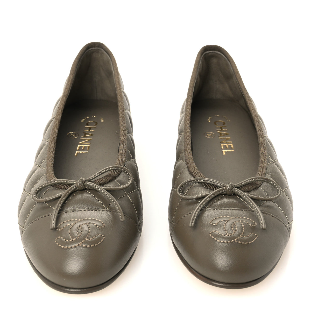 Lambskin Quilted CC Cap Toe Ballerina Flats 37 Dark Khaki