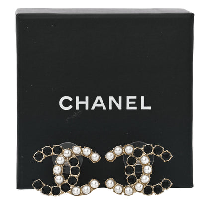 Chanel Crystal Pearl CC Dazzling Domino Earrings Gold Black 5 of 5