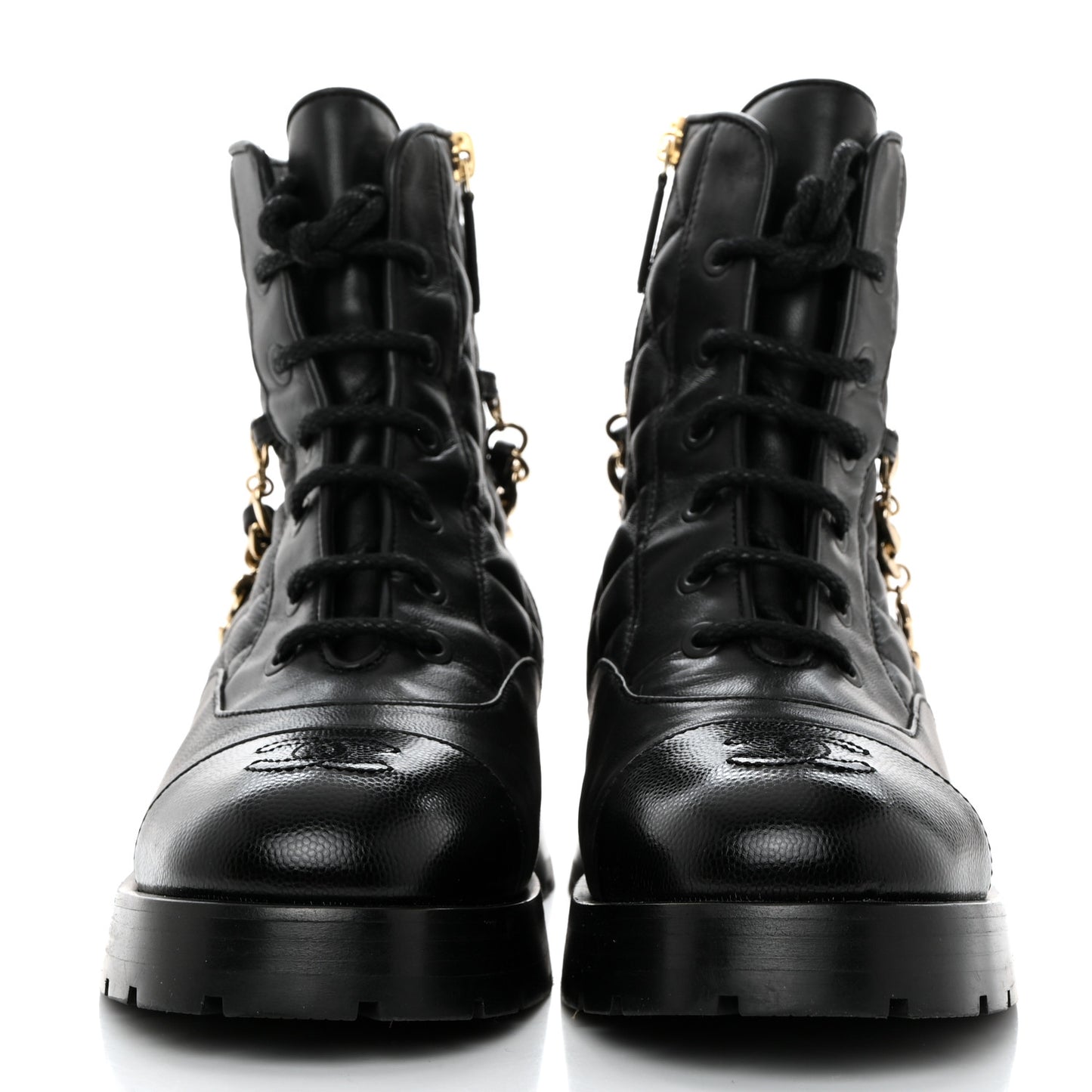 Shiny Calfskin Patent Quilted Chain Lace Up Combat Boots 36 Black