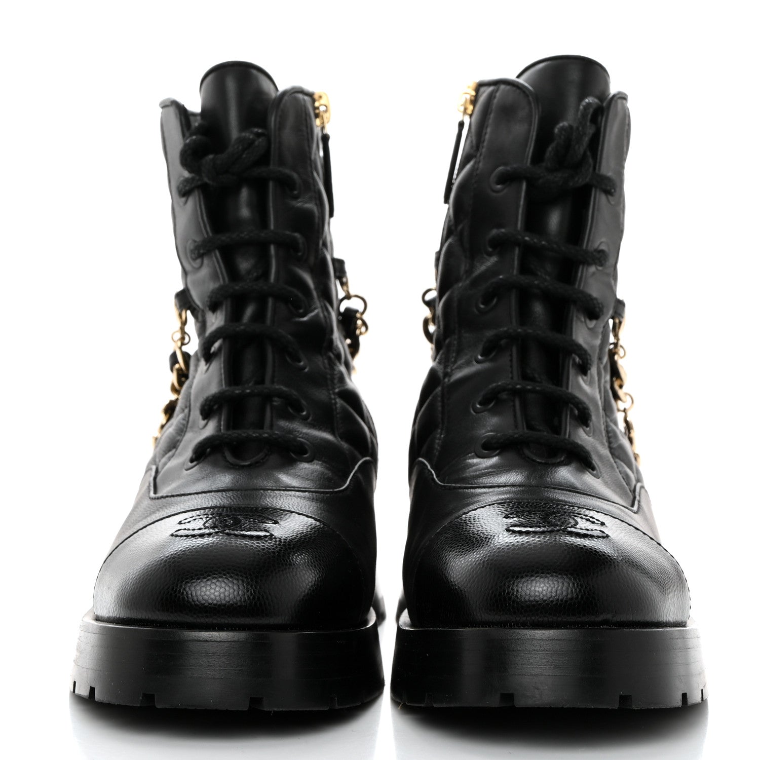 Chanel Shiny Calfskin Patent Quilted Chain Lace Up Combat Boots 36 Black 2 of 8