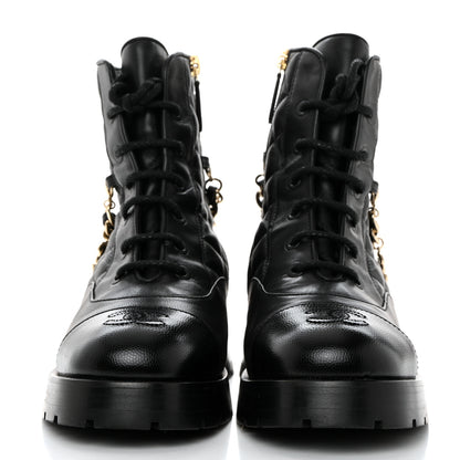 Chanel Shiny Calfskin Patent Quilted Chain Lace Up Combat Boots 36 Black 2 of 8