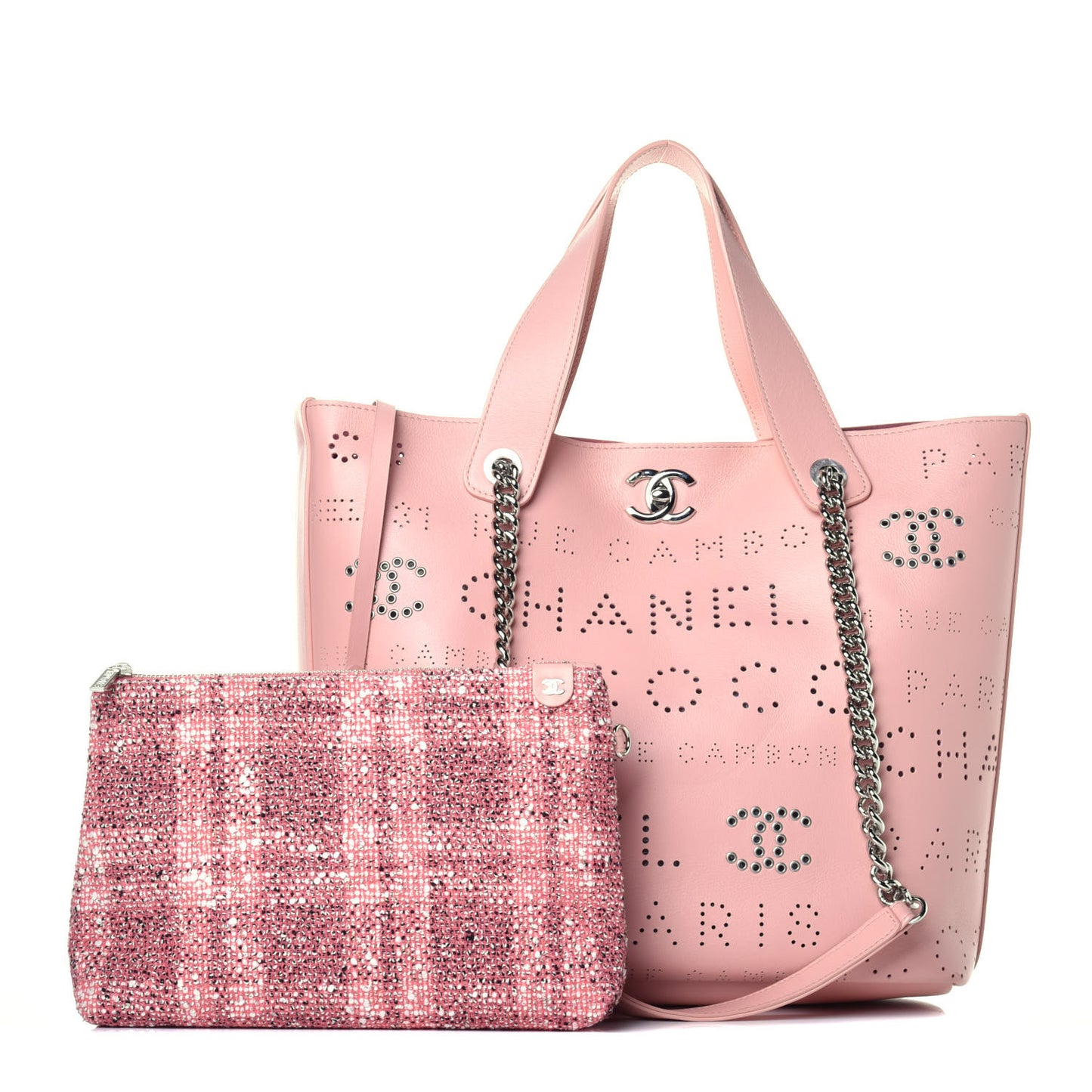 Calfskin Tweed Small Logo Eyelets Shopping Tote Pink