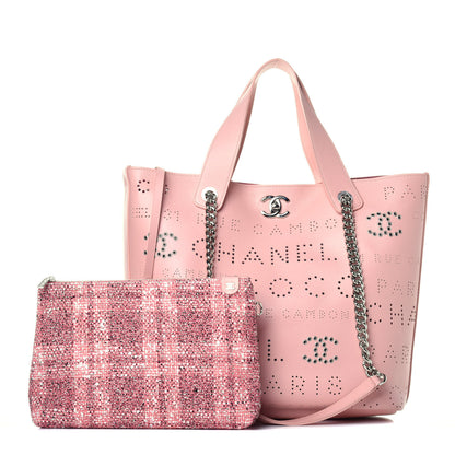 Chanel Calfskin Tweed Small Logo Eyelets Shopping Tote Pink 1 of 8