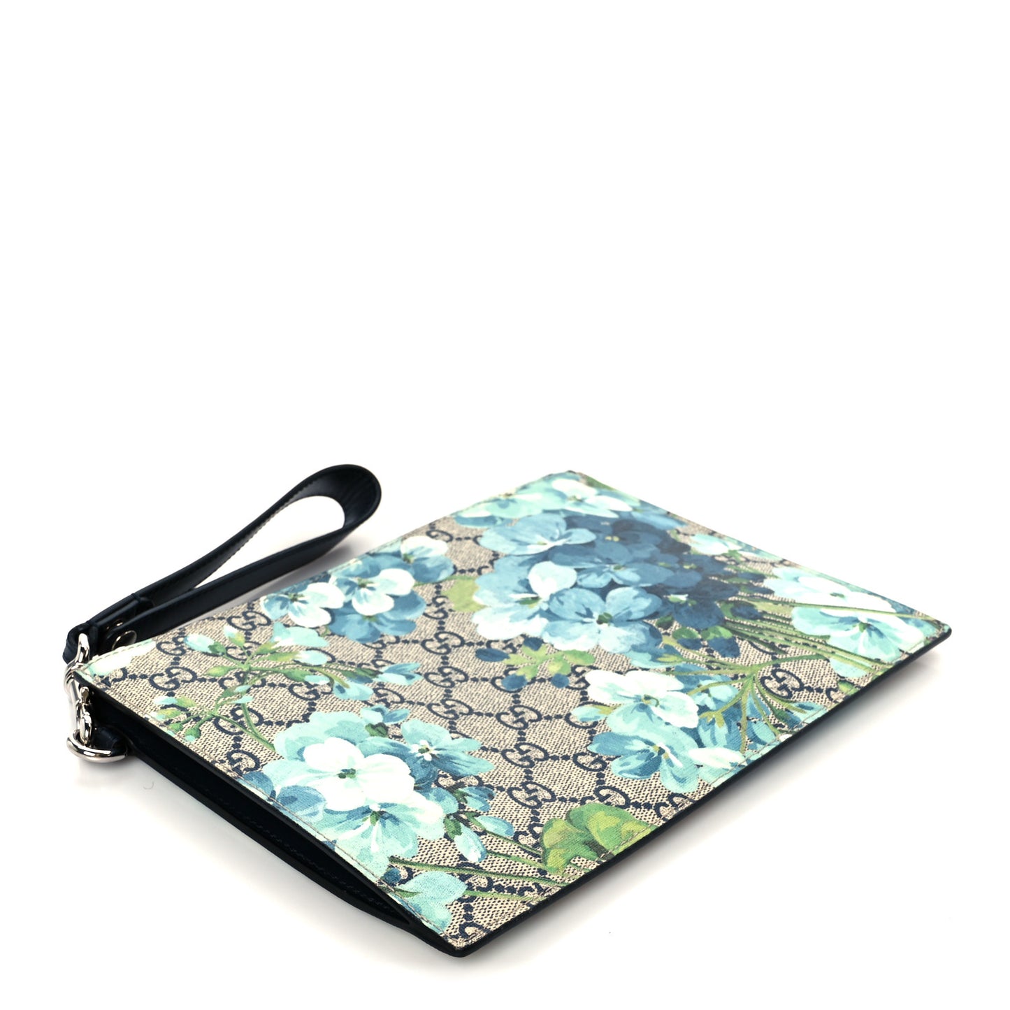 GG Supreme Monogram Blooms Small Zip Wristlet Pouch Beige Blue Black